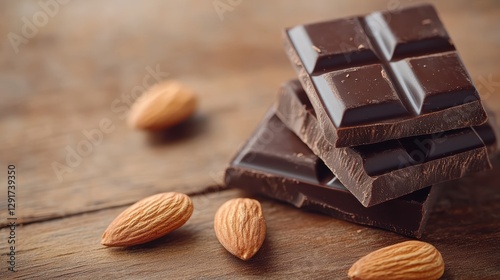 Dark Chocolate with Almonds on Wooden Surface Close-Up Shot