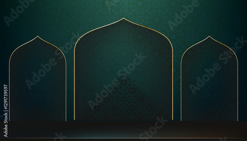Eid Mubarak Background,Islamic design of arabic pattern with window gold frame decoration on green podium background,Vector for Eid al fitr,Eid al Adha,Eid Mubarak,Muharram card