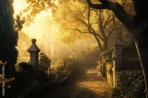 Golden path leads to old church, flanked by trees and adorned with lamp posts, bathed in soft glow of morning light. Warm tones, evoke dreamy atmosphere and nostalgia for quiet moments at dawn or dusk