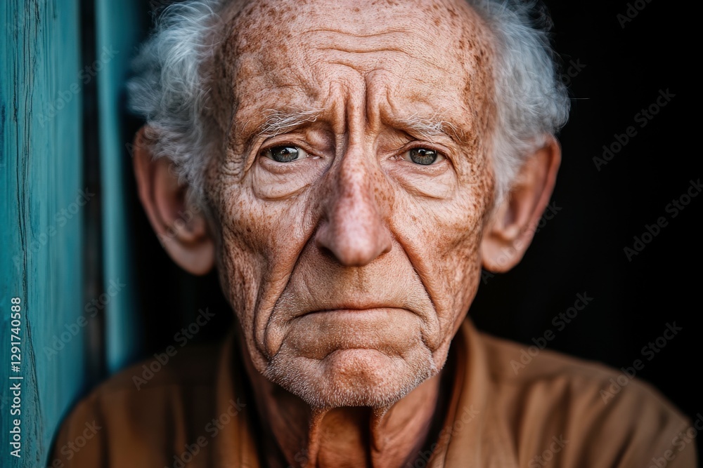 Elderly man with deep wrinkles and expressive eyes showcasing a moment of reflection in a rural setting Elderly man with deep wrinkles and expressive eyes showcasing a moment of reflection in a rural setting