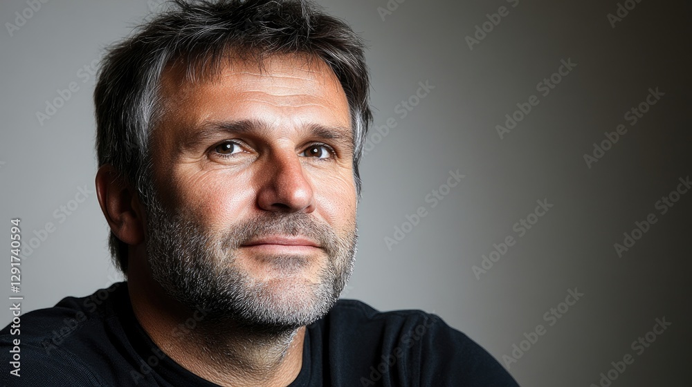 Confident man, studio portrait, grey background, thoughtful expression, profile picture Confident man, studio portrait, grey background, thoughtful expression, profile picture