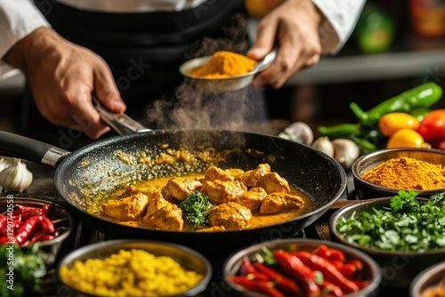 A professional chef prepares curried chicken in a pan, adding aromatic spices, surrounded by fresh ingredients like chili peppers, turmeric, and herbs in a vibrant kitchen setting photo