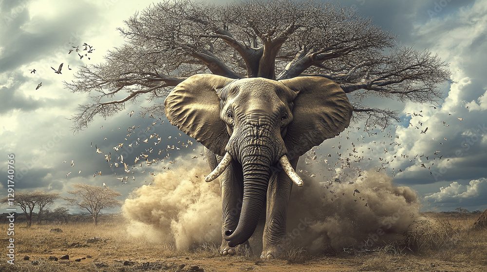 Fototapeta premium Majestic elephant strides across the savanna, kicking up dust under a barren tree, scattering birds in a dramatic display of raw power in nature.