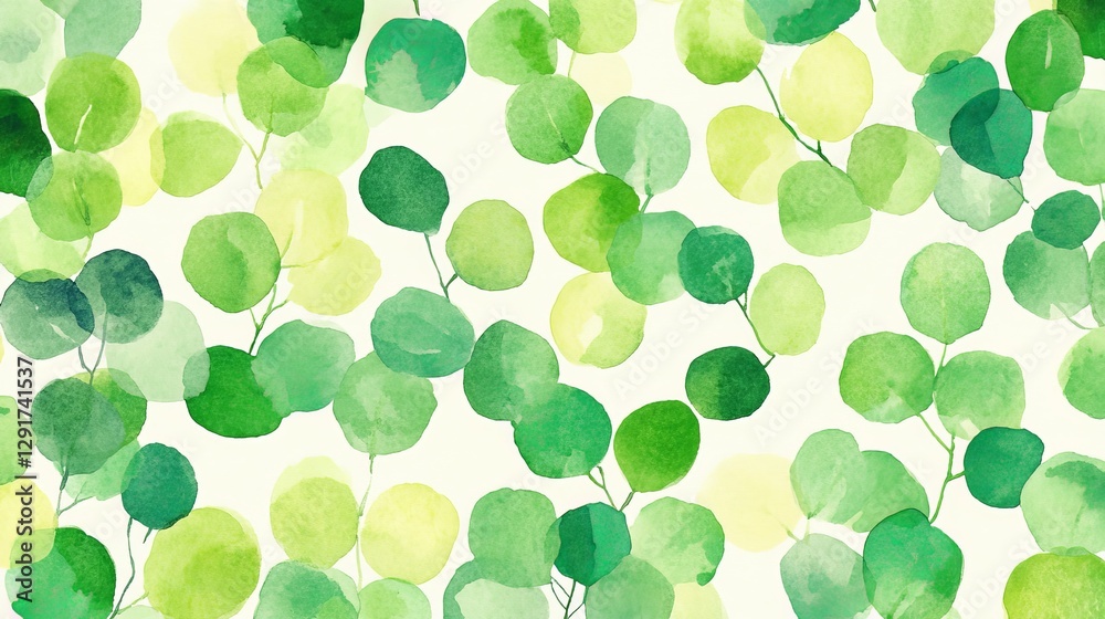 A watercolor pattern featuring lush green leaves on a light background. A watercolor pattern featuring lush green leaves on a light background.