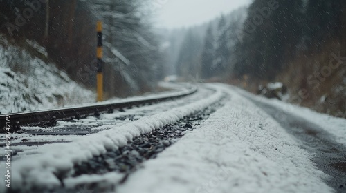 Snowy forest train track, winter scene photo