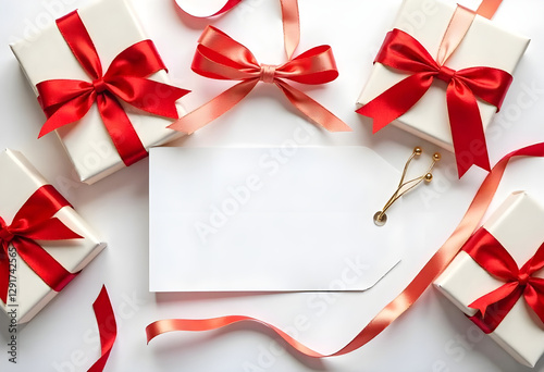 Elegant White Gift Boxes with Red Ribbons and Blank Tag