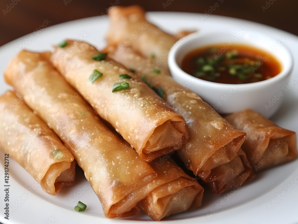 A deliciously crispy Filipino lumpia spring roll with sweet chili dipping sauce. A deliciously crispy Filipino lumpia spring roll with sweet chili dipping sauce.