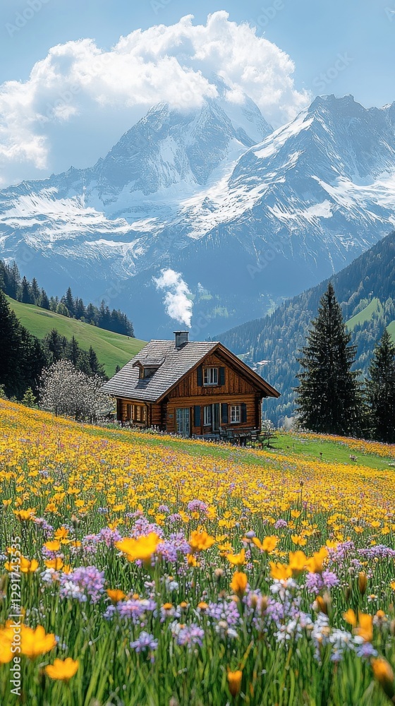 Fototapeta premium Colorful wildflowers surround a rustic wooden cabin in a picturesque alpine landscape with snow-capped mountains in the background