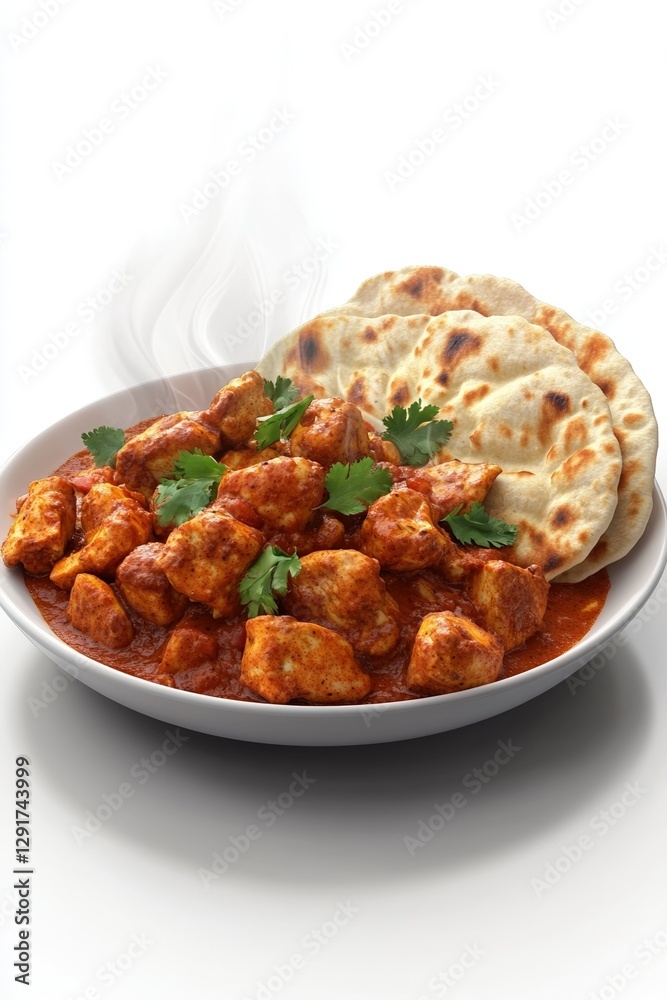 A steaming plate of curried chicken in a rich, spiced tomato-based sauce is garnished with fresh cilantro and served with warm, fluffy naan bread for an authentic dining experience A steaming plate of curried chicken in a rich, spiced tomato-based sauce is garnished with fresh cilantro and served with warm, fluffy naan bread for an authentic dining experience