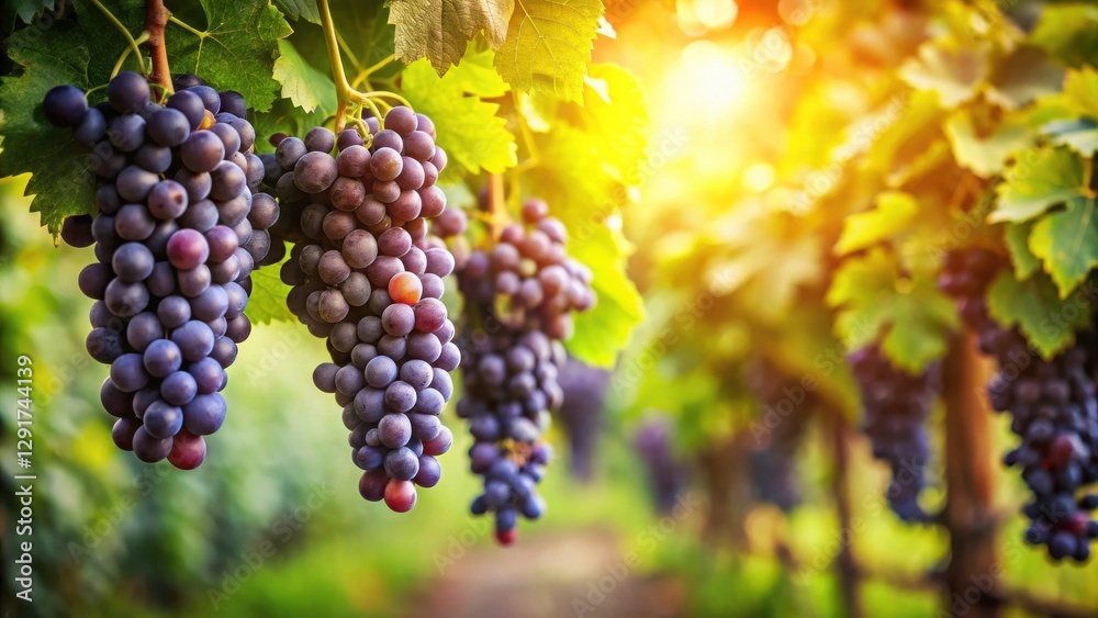Sunlit Vineyard with Abundant Clusters of Ripe Dark Grapes Hanging from Lush Green Vines Sunlit Vineyard with Abundant Clusters of Ripe Dark Grapes Hanging from Lush Green Vines