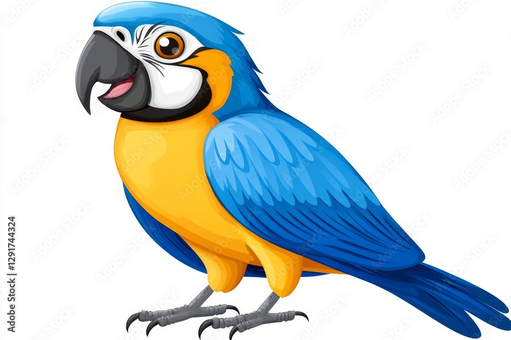Fototapeta premium a 2D cartoon illustration of a parrot mimicking sounds, talkative and colorful, white background