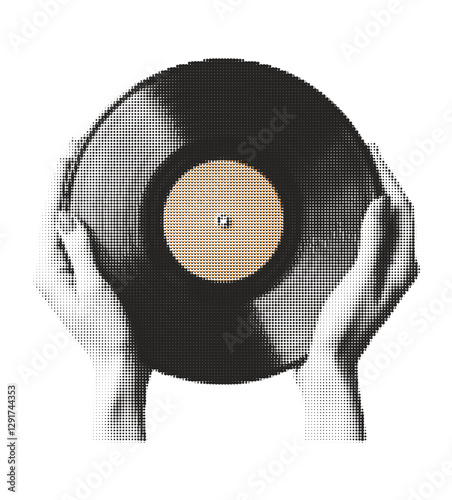 Hand Holding Vinyl Record Disc Retro Music Halftone Effect Retro Vector Illustration