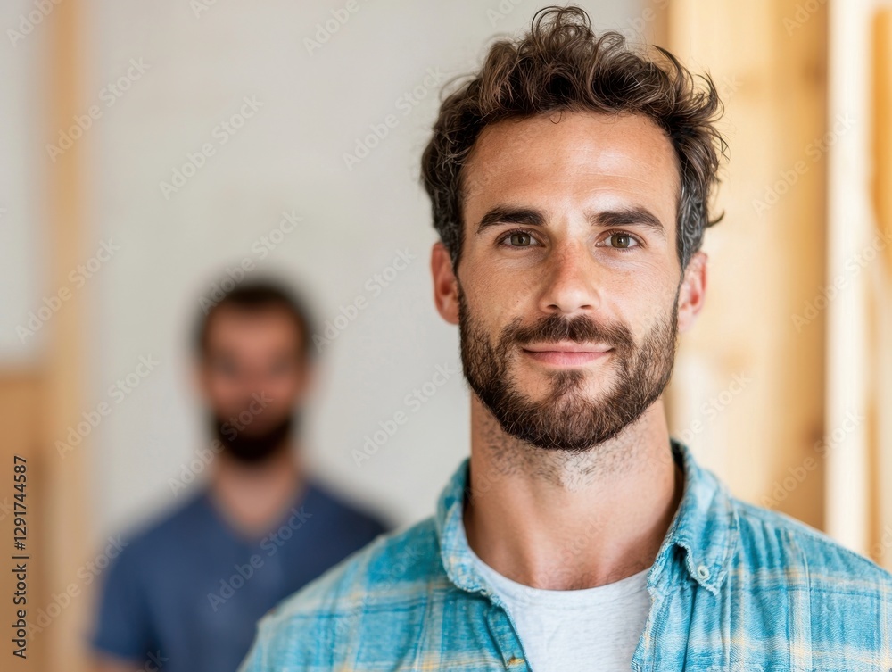 Fototapeta premium Confident Caucasian Man with Beard Casual Shirt Portrait