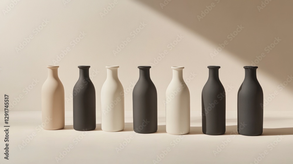 Sleek black bottles with beige and white shades, set against a clean background for product photography. The minimalist design of these milk bottles creates an elegant display Sleek black bottles with beige and white shades, set against a clean background for product photography. The minimalist design of these milk bottles creates an elegant display