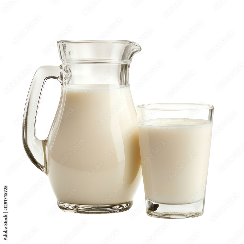 Jug of fresh milk with a matching glass, isolated on white background.