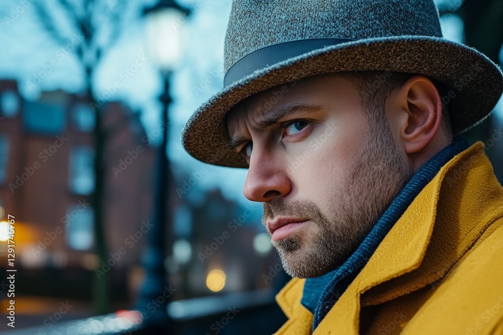 A mysterious man in the dark, wearing a hat and coat, stands on the street in a medium shot from a low angle view. The scene has a soft light, noir style, high contrast, and a blurry background
