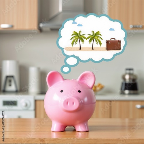 Pink Piggy Bank Dreaming of Tropical Vacation