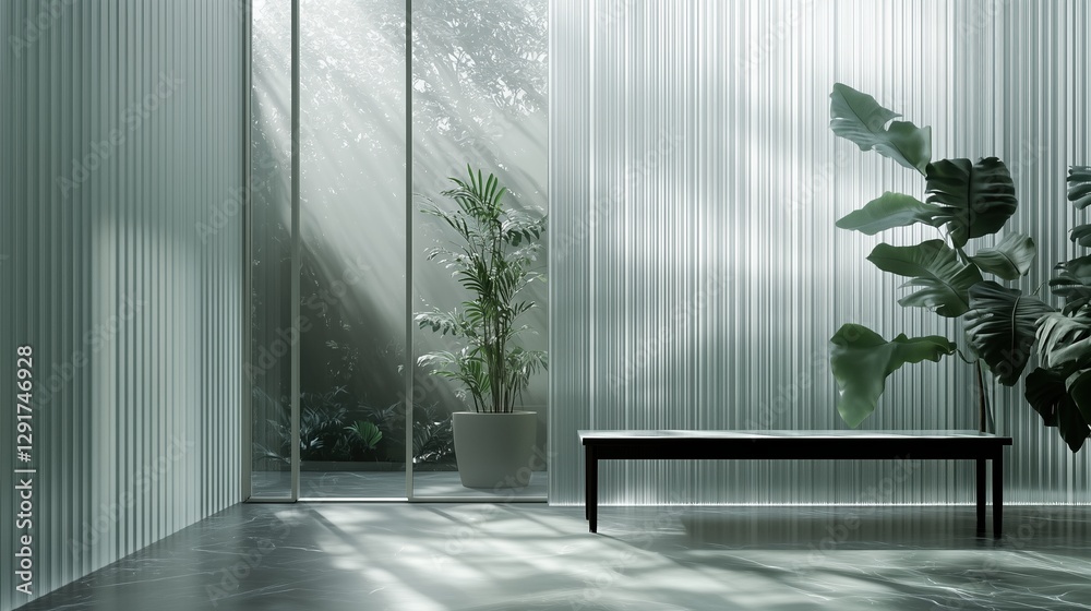 Fototapeta premium Modern Indoor Oasis: This image presents a sleek, contemporary indoor space with an array of verdant plants adding a touch of nature's tranquility, the sun streaming through window.