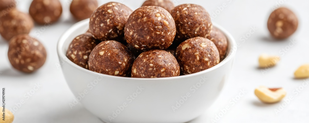 Ultra Detailed View of Raw Cacao Energy Balls in White Bowl Ultra Detailed View of Raw Cacao Energy Balls in White Bowl