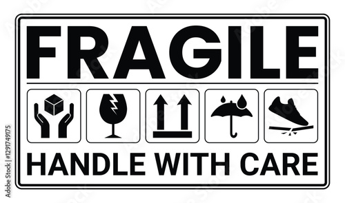 Fragile package icons set, handle with care logistics and delivery shipping labels. Fragile box, cargo warning vector signs	
