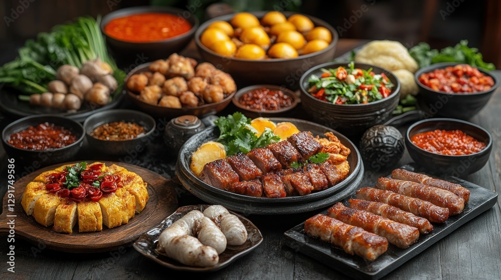 Assorted culinary dishes on dark wooden table, showcasing various meats, vegetables, and sauces Assorted culinary dishes on dark wooden table, showcasing various meats, vegetables, and sauces