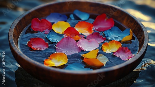 Colorful flower petals floating in water serene setting nature photography tranquil environment close-up view