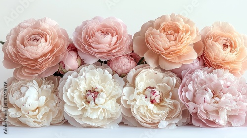 Elegant floral arrangement of pink and white ranunculus and peonies soft light indoor close-up photography