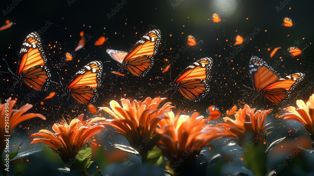 Fototapeta premium Delicate monarch butterflies fluttering among vibrant flowers in a serene garden nature photography close-up view