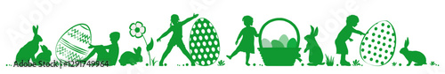 Happy Easter. Children and rabbits silhouettes on white background. Vector illustration.	
