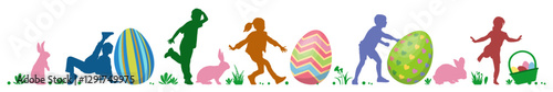 Happy Easter. Children and rabbits colorful silhouettes on white background. Vector illustration.	
