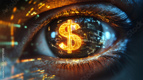 Close-up of an eye with dollar symbol reflection, symbolizing focus on financial markets and investment opportunities in fintech