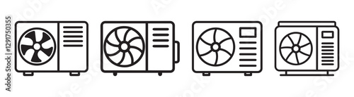 Outdoor AC Unit Icons. Black and White HVAC Compressor Symbols for Cooling Systems