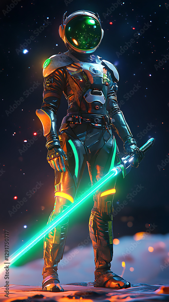 Naklejka premium character with space fighter suit and laser sword on cosmic background