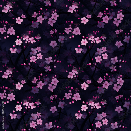 Seamless dark floral pattern with pink cherry blossoms