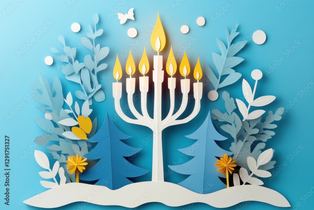 Artistic depiction of a festive candelabrum surrounded by winter foliage and decorative elements for a seasonal celebration Artistic depiction of a festive candelabrum surrounded by winter foliage and decorative elements for a seasonal celebration