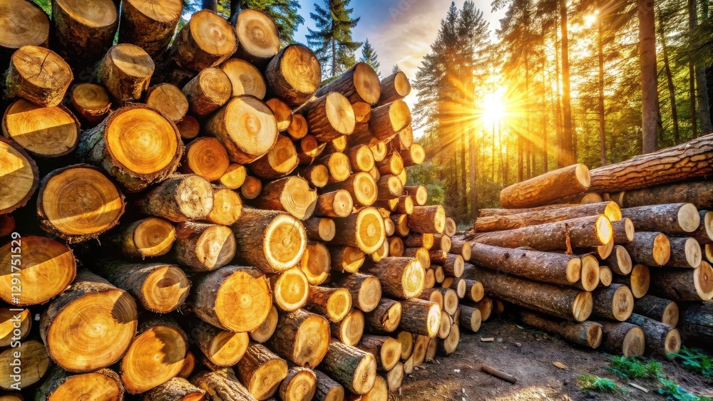 Golden Hour Lumber Pile in a Sunlit Forest Golden Hour Lumber Pile in a Sunlit Forest