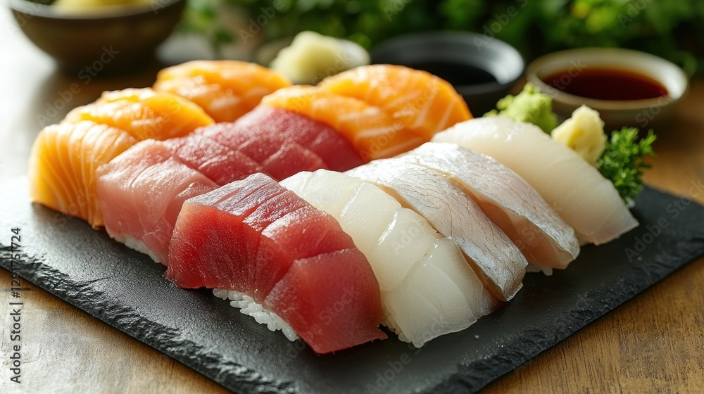 Assorted sushi platter on slate, restaurant setting, with dipping sauces Assorted sushi platter on slate, restaurant setting, with dipping sauces