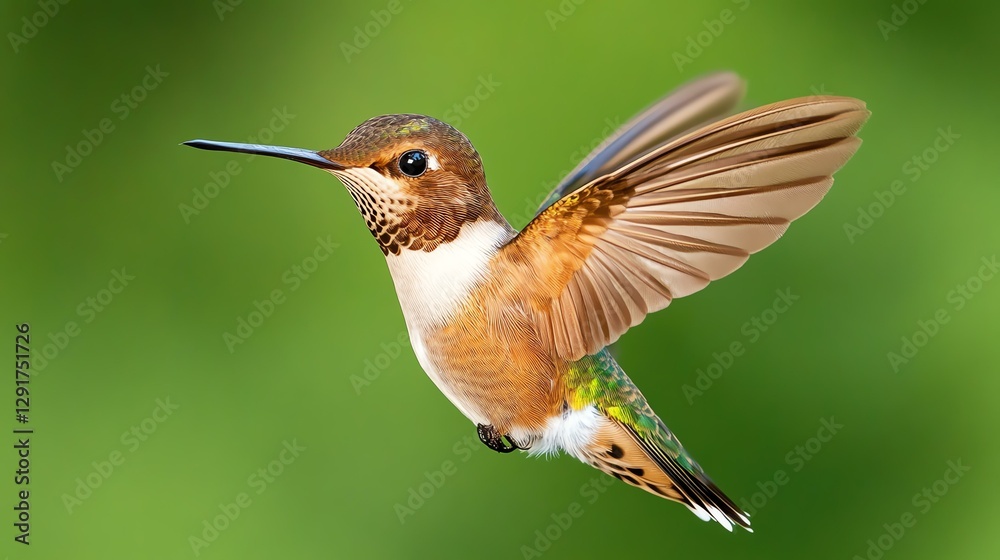 Fototapeta premium A vibrant hummer in mid-flight showing motion.