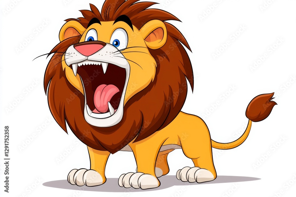 Obraz premium a 2D cartoon illustration of a toy lion roaring loudly, brave and playful, white background