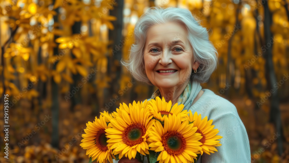 Senior Woman with Sunflowers. Portrait of an elderly woman holding sunflowers in autumn, looking at the camera.