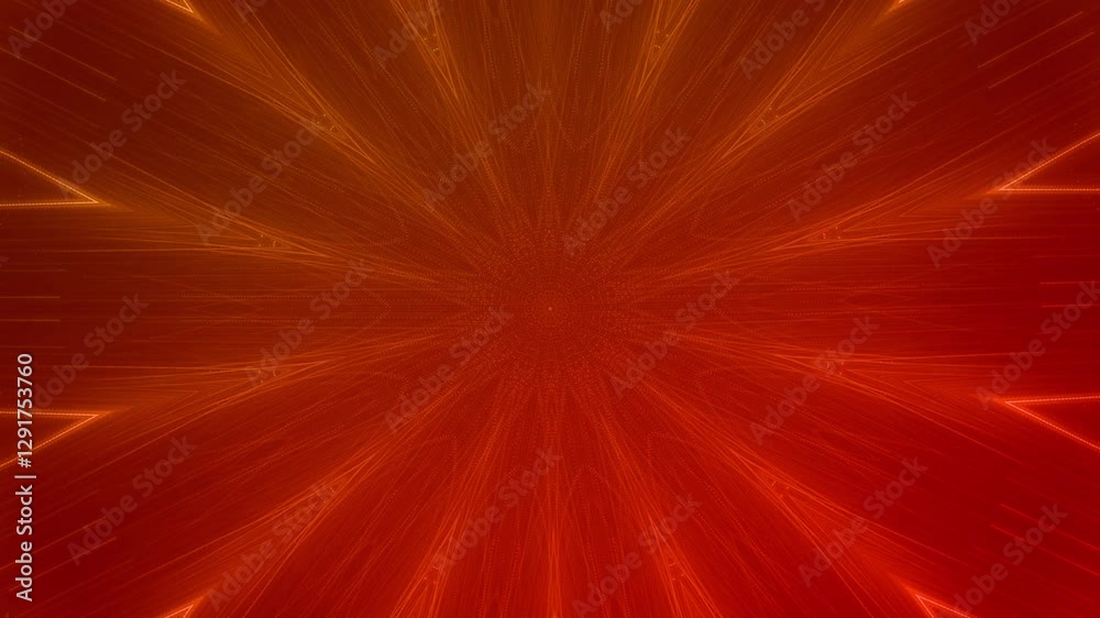 leuchtende Lichtpunkte bewegen sich sternförmig, Richtung Zentrum, digitaler Datentransfer, Algorithmus, Internet, Energie, Datenfluss, Geschwindigkeit, Wandel, Austausch, orange