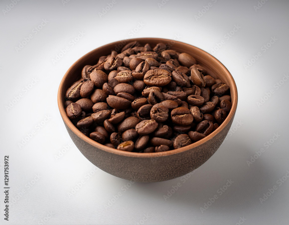 close up photo of a bowl filled with roasted coffee beans inside and on the table with a white minimalistic background