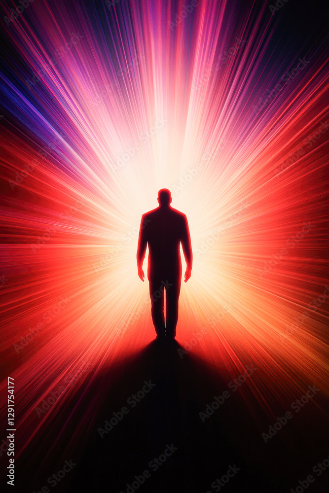 Silhouette of a person emerging from vibrant light. Silhouette of a person emerging from vibrant light.