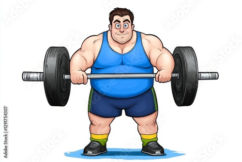 a 2D cartoon illustration of a weightlifter lifting a barbell, strong and intense, white background