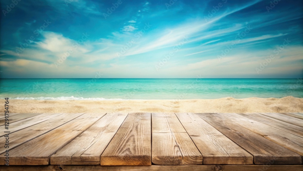 Oceanfront Wooden Deck, Peaceful Beach Scene, Serene Coastal Vista, Summer Vacation Idyll Oceanfront Wooden Deck, Peaceful Beach Scene, Serene Coastal Vista, Summer Vacation Idyll