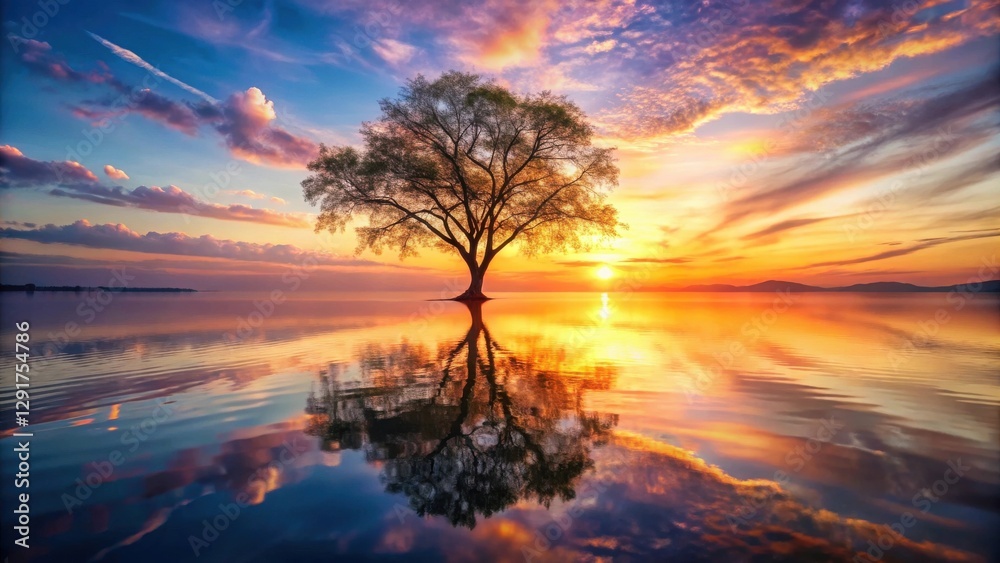Obraz premium Serene Sunset Reflection A Solitary Tree Stands Silently in a Calm Lake, Its Silhouette Mirrored in the Golden Waters, as the Sun Dips Below the Horizon, Painting the Sky with Vivid Hues