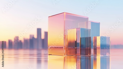 Abstract cityscape composed of transparent cubes, a futuristic metropolis illuminated by cyberpunk-style neon lights and reflections