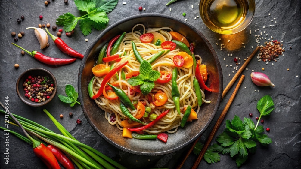 Aromatic Vegetable Pasta with a Garnish of Fresh Herbs, Served in a Rustic Bowl with Chopsticks and Seasoning