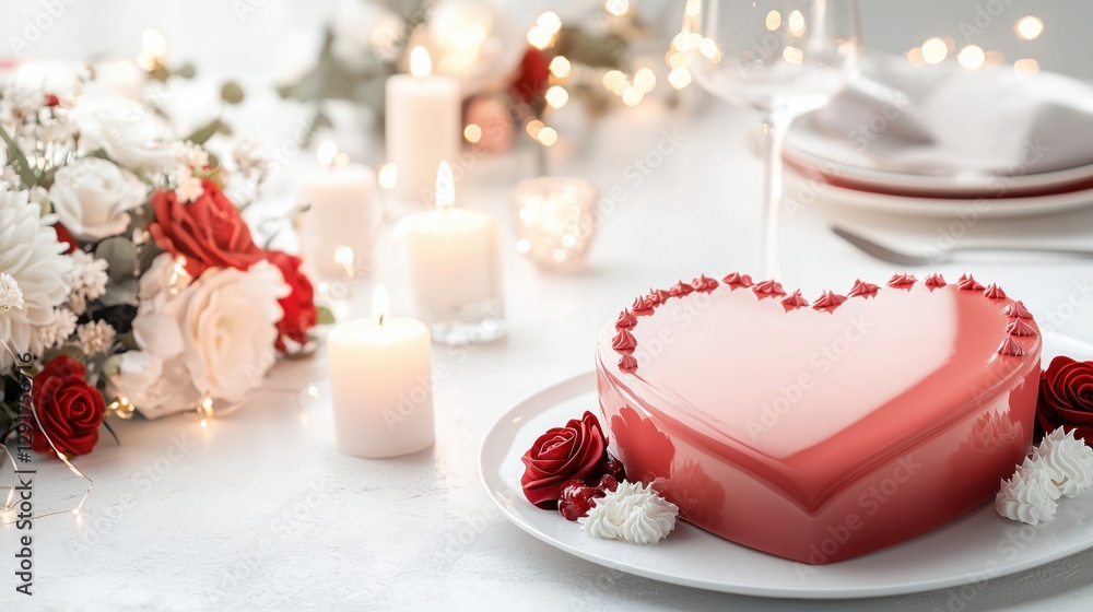 Romantic Table Setting with Valentine Cake, featuring a heart-shaped cake Romantic Table Setting with Valentine Cake, featuring a heart-shaped cake