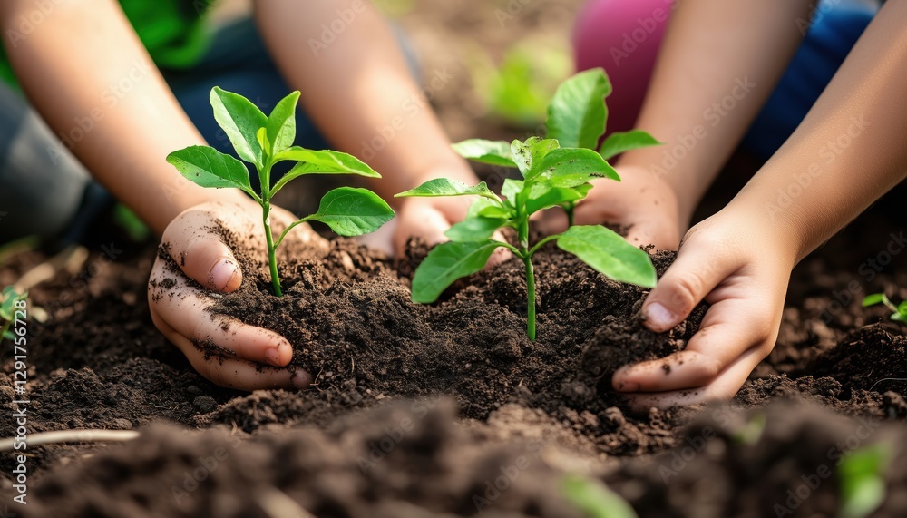 Small Children Planting Trees With Soil And Seedlings In Their Hands. Encouraging Tree Planting And Environmental Awareness In Young Kids. Small Children Planting Trees With Soil And Seedlings In Their Hands. Encouraging Tree Planting And Environmental Awareness In Young Kids.